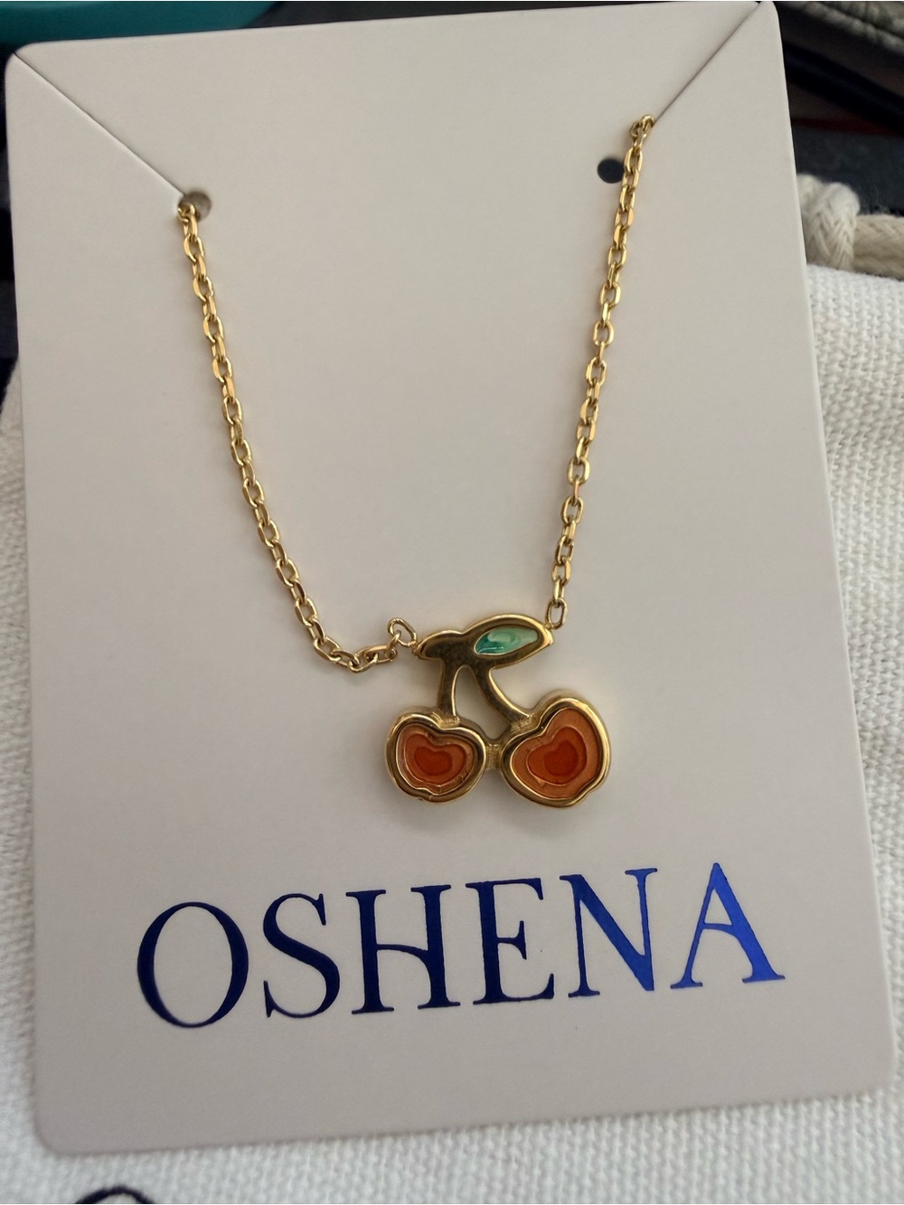 OSHENA Weatherproof Gold-Tone Cherry Pendant Necklace 18K gold PVD plating